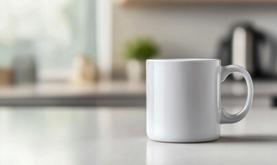 Elegant white mug on a clean kitchen counter, perfect for showcasing designs or enjoying a warm beverage.