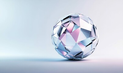 Naklejka premium A crystal sphere with geometric facets glows with pastel reflections on a simple white surface.