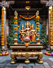 Fototapeta premium Diwali product display podium background, Temple of Prosperity, wooden, gold leaf detailing, traditional Indian temple courtyard, Goddess Lakshmi and Lord Ganesha, marigold garlands, lotus flowers