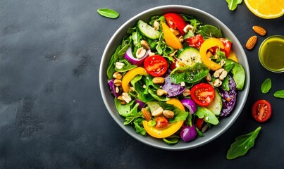 A colorful and healthy salad bursting with fresh vegetables and crunchy almonds in a gray bowl.