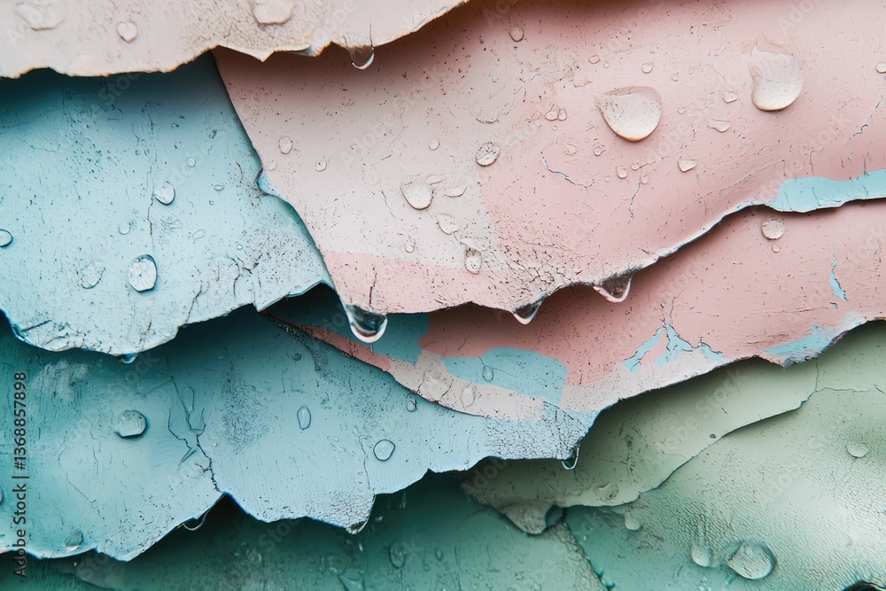 Aufkleber water droplets clinging to layers of peeling paint in pastel hues, creating a textured, abstract com