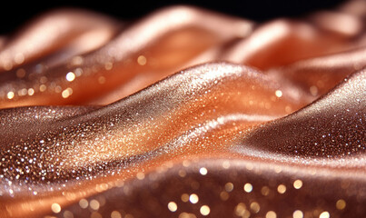 Rich, shimmering fabric cascades in graceful waves, creating a captivating bokeh effect filled with glittering golden dots against a dark background.