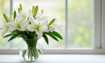 A fresh bouquet of white lilies in a glass vase brightens up a windowsill with natural beauty.
