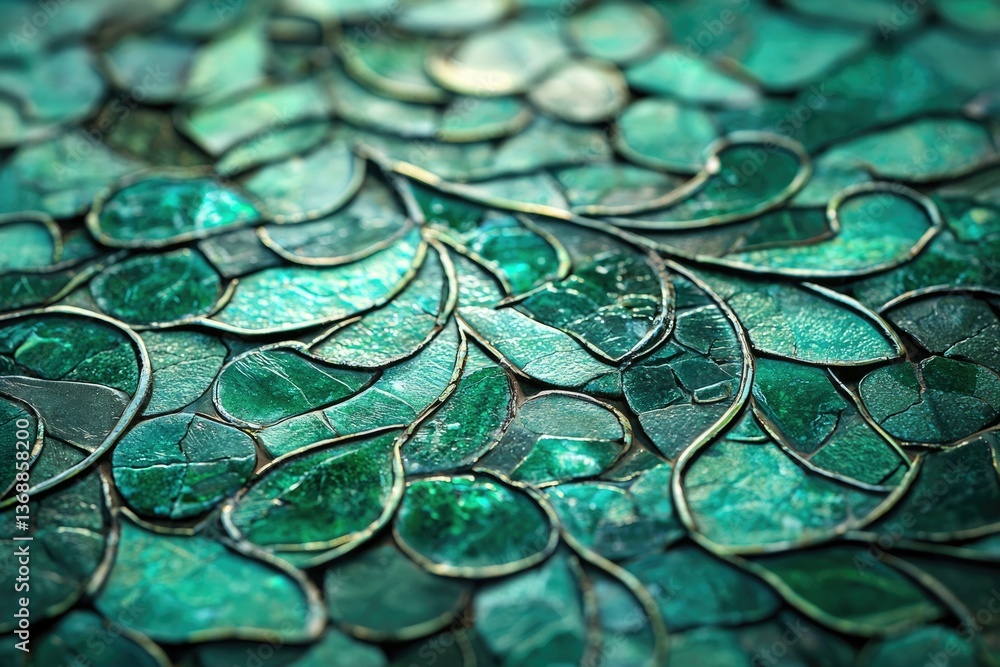 Poster close-up shot of vibrant green leaf-like scales with metallic outlines, creating a textured and orga