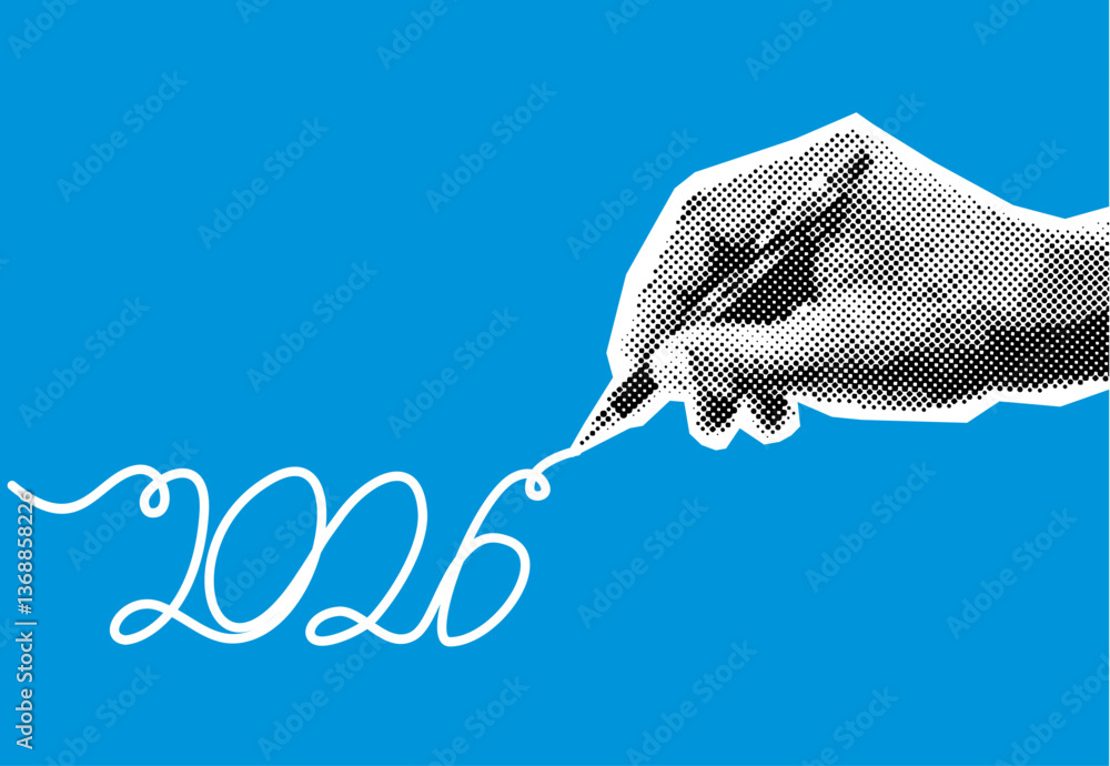 Fototapete Continuous line drawing of Happy New Year 2026 with a hand holding a pen. Symbolizing new year resolutions and greetings. Hand-drawn illustration for festive themes. Editable stroke. Doodle Vector	
