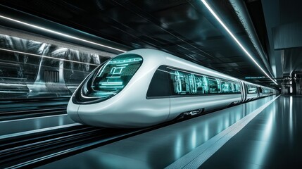 A futuristic high-speed train at the station with bright neon accents.