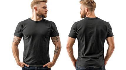 Png of Stylish young male model with tattoos showcasing a plain black t-shirt from both front and back angles on transparent background.