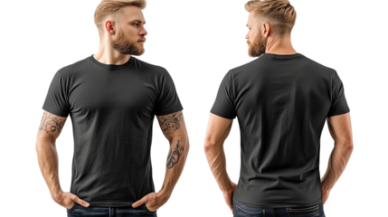Png of Stylish young male model with tattoos showcasing a plain black t-shirt from both front and back angles on transparent background.