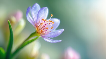 Fototapeta premium Delicate purple crocus flower with orange stamen, soft focus, bright sunlight