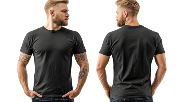 Png of Stylish young male model with tattoos showcasing a plain black t-shirt from both front and back angles on transparent background.