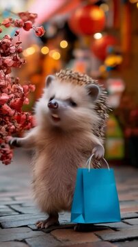 a cute hedgehog holding a shopping bag during the black friday season of offers and discounts