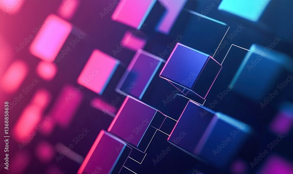 Poster a vibrant and modern abstract background featuring floating cubes illuminated in neon pink and blue 