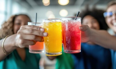 A group of friends raises colorful cocktails in a toast, celebrating friendship and good times together.