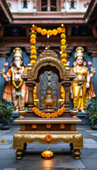 Obraz premium Diwali product display podium background, Temple of Prosperity, wooden, gold leaf detailing, traditional Indian temple courtyard, Goddess Lakshmi and Lord Ganesha, marigold garlands, lotus flowers