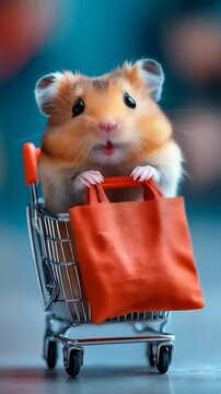 A hamster in a small shopping cart carrying a shopping bag during the black friday season with discounts and offers