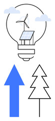 Light bulb with solar panel and wind turbine, blue arrow upward, tree, and clouds. Ideal for renewable energy, sustainability, growth, environment innovation green power progress. Flat simple