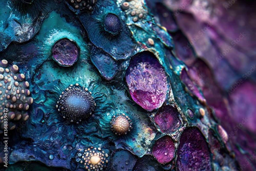 Poster an abstract close-up image featuring organic shapes with vibrant blue, green, and purple colors, cre