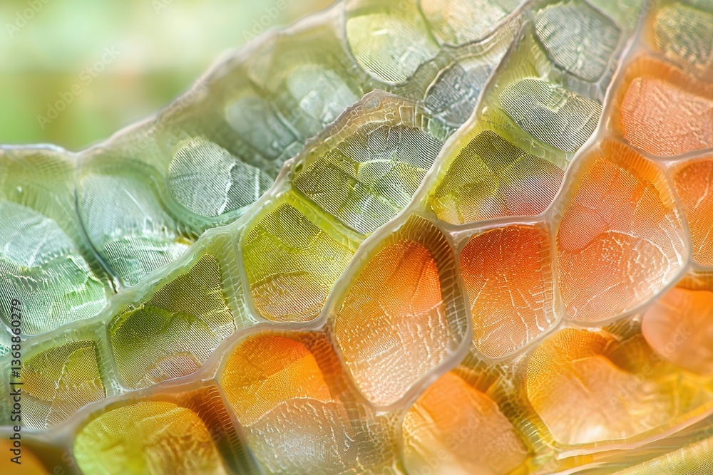 Aufkleber close-up of a translucent structure with green, yellow, and orange tones showcasing intricate cellul