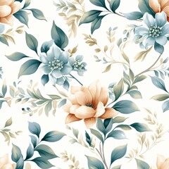 Elegant floral seamless pattern with teal and peach flowers on white background. Vintage botanical design for wallpaper, textile, and greeting card. Romantic and feminine concept.