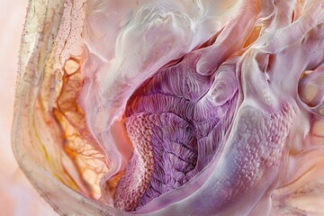 A close-up, artistic rendition showcasing intricate anatomical details of human heart and tissue with purple, orange, and white hues.