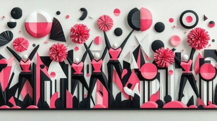 Vibrant abstract illustration with dynamic figures and geometric patterns in pink, black, and white