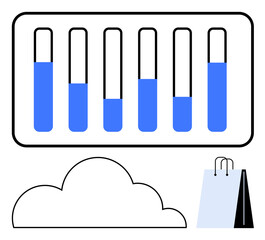 Vertical bars with progressing levels, a cloud, and a shopping bag suggest trends, digital storage, business strategies, or e-commerce. Ideal for technology, innovation, big data research business