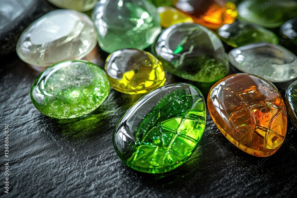 Poster colorful glass stones on a black slate surface, creating a visually appealing and textured arrangeme