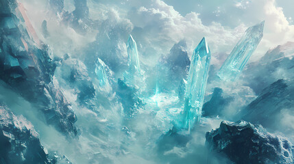 Glacial mist surrounds crystalline structures, serene, crystal, ice. Crystalline Mist. Illustration