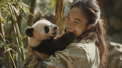 Obraz premium Cheerful Young Woman Hugging a Baby Panda in a Bamboo Forest Under Soft Sunlight