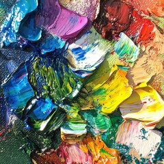 Vibrant abstract painting with thick textured strokes in blue, green, yellow, and red