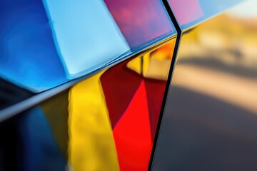 Abstract close-up of a car's glossy paintwork with blue, yellow, and red reflections.