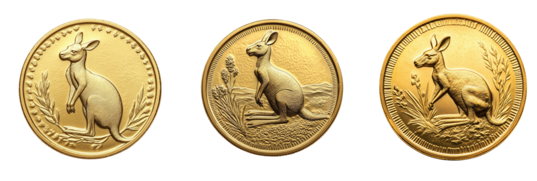 Golden Coins Featuring Stylized Kangaroo Designs Isolated on a Transparent Background