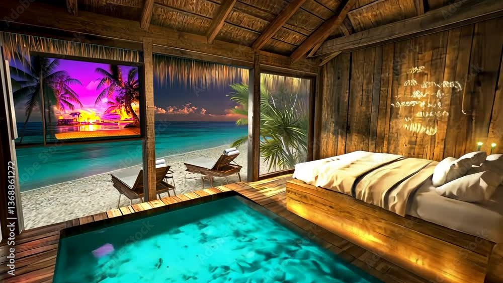Poster luxury resort with augmented reality beachfront view at sunset generative ai