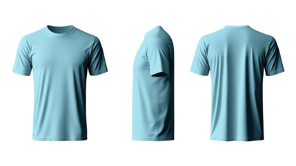 Png of Front, side, and back views of a light blue unisex t-shirt showcasing a smooth fabric texture on transparent background.