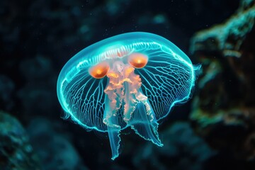 Glowing jellyfish with orange eyes floats in the ocean with a mesmerizing bioluminescent display against a dark background.