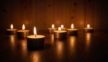 Fototapeta premium Softly Glowing Candles Illuminating a Wooden Background 