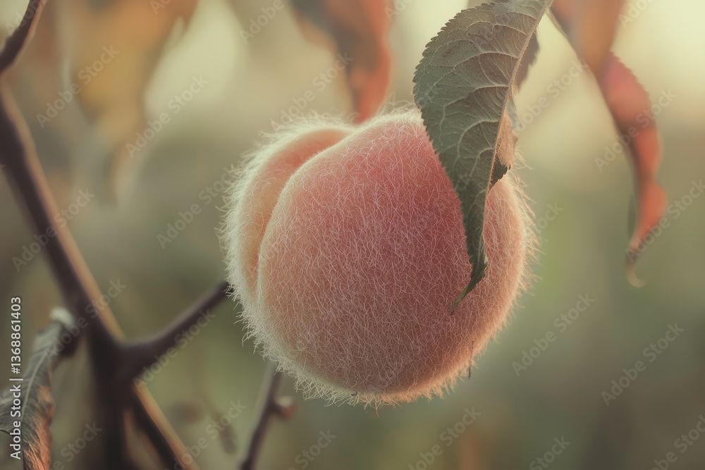 Poster a fuzzy peach hangs from a branch, its skin catching the soft, diffused light with a single leaf.