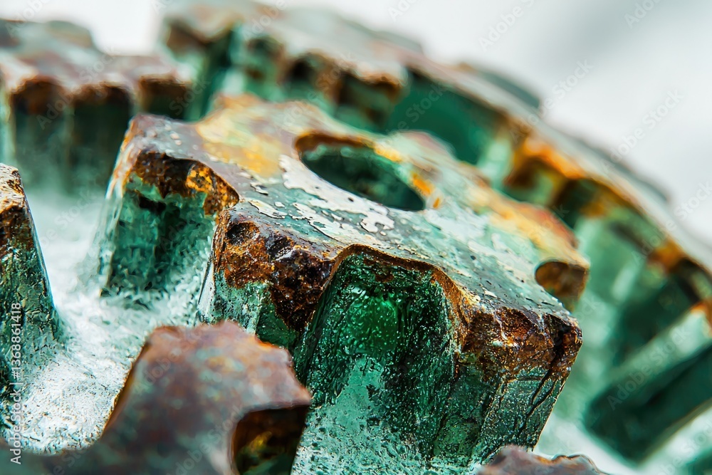 Poster a macro shot of old, rusty, and corroded gears with a green patina, creating an abstract industrial 