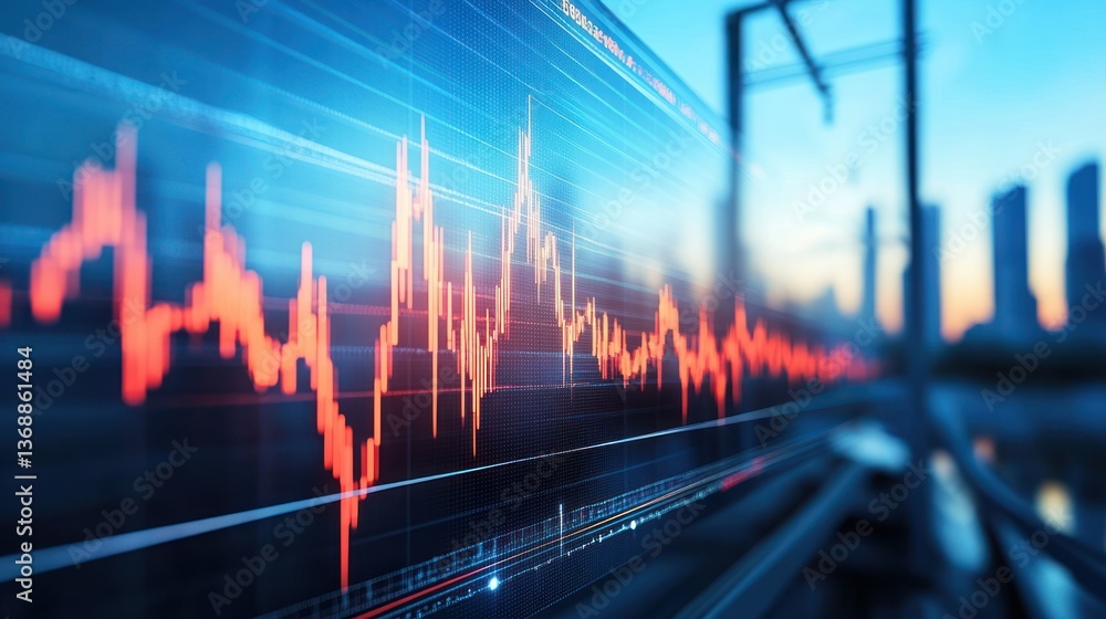 Poster dynamic stock market data visualization: a captivating display of financial trends against a citysca
