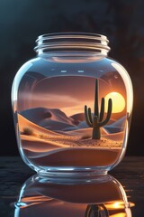 Desert in a Jar: A captivating scene of a desert landscape, complete with a cactus and a setting sun, artfully contained within a glass jar. This evocative composition sparks curiosity and wonder.