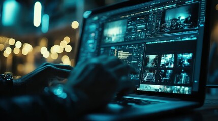 Fototapeta premium Nighttime Cybersecurity Expert Working on Laptop