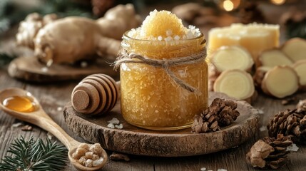 Fototapeta premium Homemade Ginger Honey Sugar Scrub in Rustic Setting