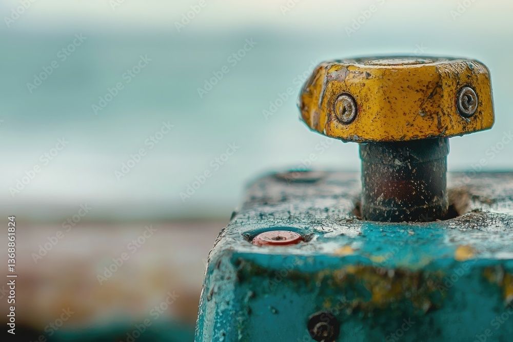 Poster a close-up of a weathered, yellow push-button on a teal surface, showing signs of age and use.