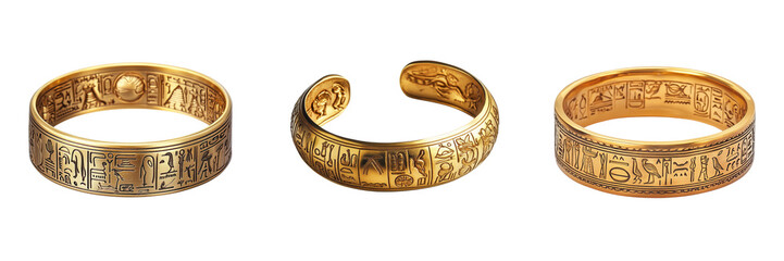 Ancient Egyptian Golden Bracelets with Hieroglyphic Engravings Isolated on a Transparent Background