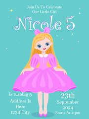 Birthday invitation for a girl 5 years old. Princess in a pink dress