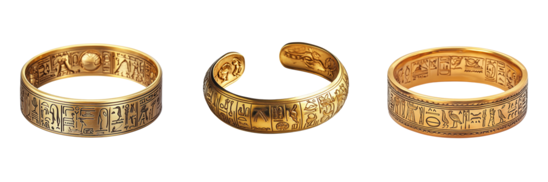 Ancient Egyptian Golden Bracelets with Hieroglyphic Engravings Isolated on a Transparent Background