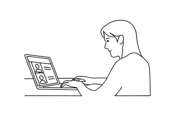 Woman using laptop, online profile, digital communication, remote work, modern technology