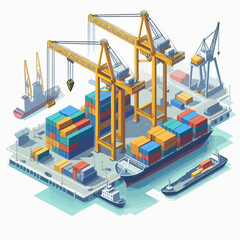 A large ship is docked at a port with several cranes