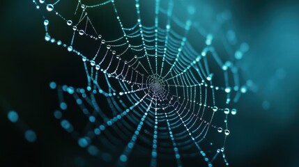 Stunning DewCovered Spiderweb Macro Photography Teal and Dark Background