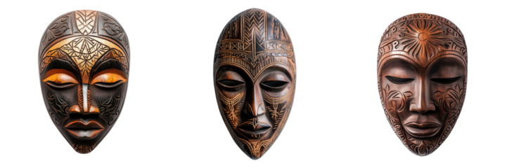 Decorative African Masks with Intricate Designs and Vibrant Colors Isolated on a Transparent Background